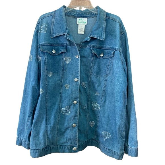 Quacker Factory Blue Jean Denim Jacket Rhinestone Hearts Detail (Size 1X) - Picture 1 of 12
